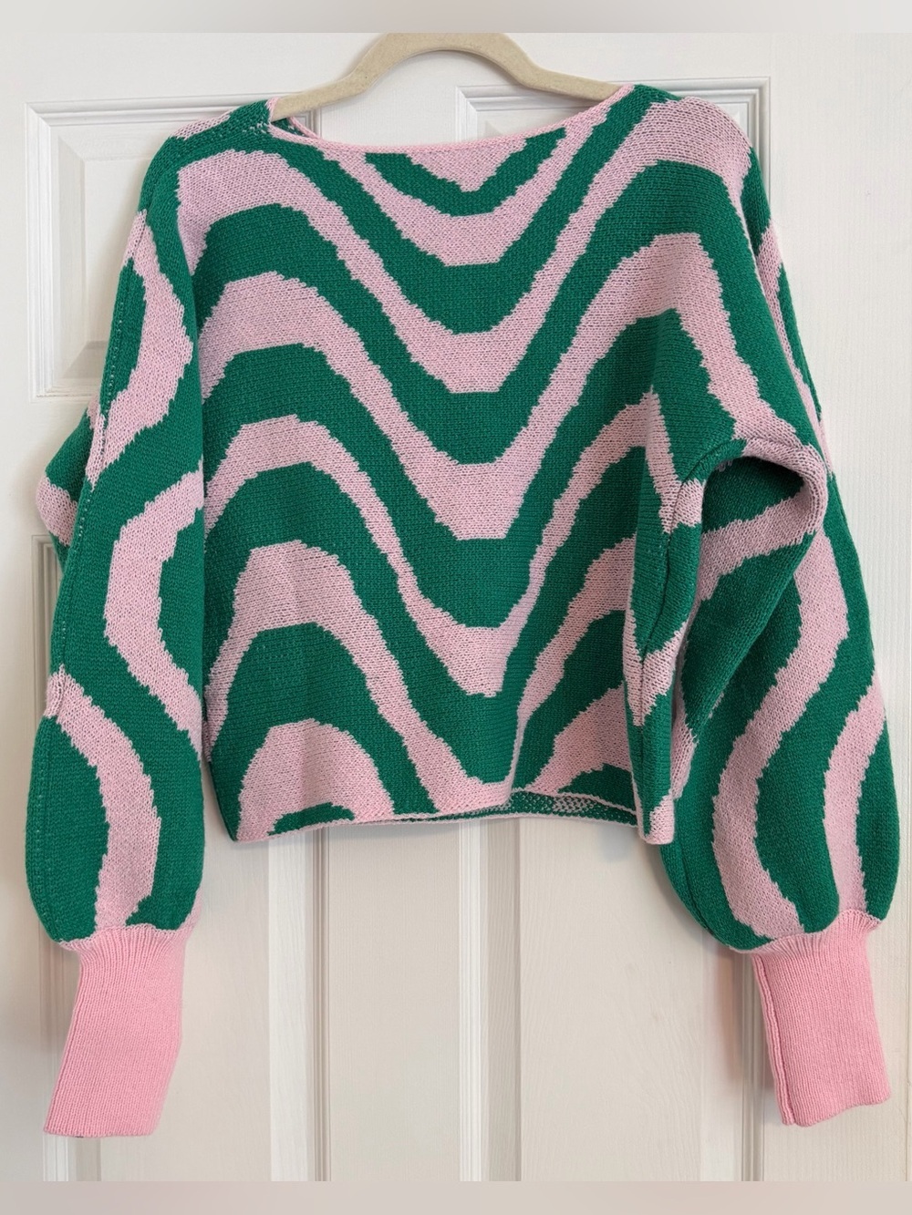Pink Green Abstract Knit Sweater Large Balloon Sleeve Cropped Pullover - Picture 3 of 5